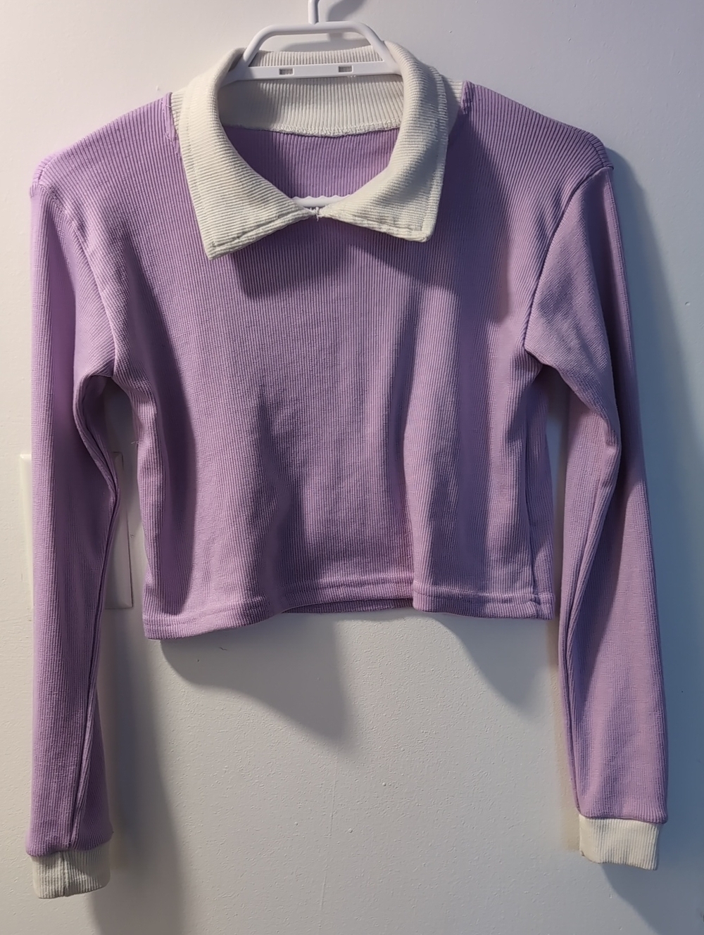 Lavender Ribbed Crop Top with Cream Polo Collar